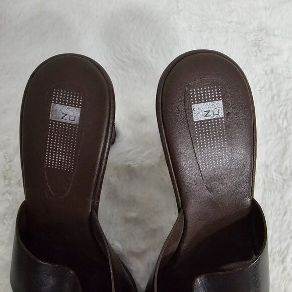 Zu Chocolate Brown Leather Whipstitch Slide On Heeleed Sandal Size 9 - Picture 13 of 15